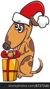 Cartoon illustration of funny dog animal character with Christmas gift