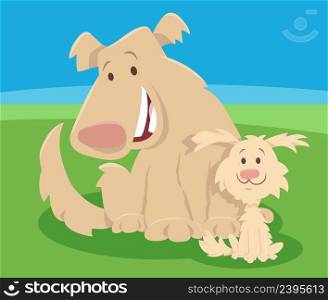 Cartoon illustration of funny dog animal character with cute puppy