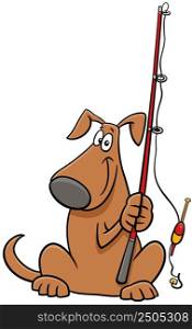 Cartoon illustration of funny dog animal character with fishing rod