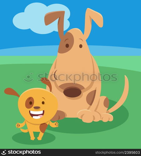 Cartoon illustration of funny dog animal character with little puppy