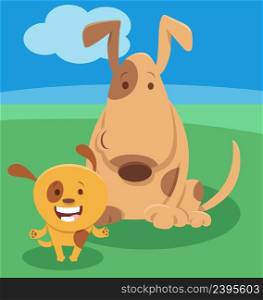Cartoon illustration of funny dog animal character with little puppy