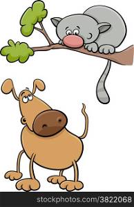 Cartoon Illustration of Funny Dog Character and Cat on a Tree Branch