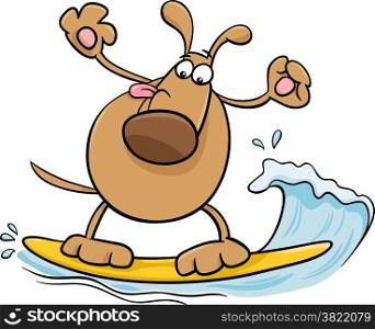 Cartoon Illustration of Funny Dog Character Surfing on Board