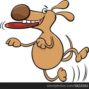 Cartoon Illustration of Funny Dog Character with Frisbee