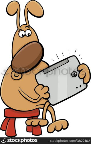 Cartoon Illustration of Funny Dog Character with Tablet PC