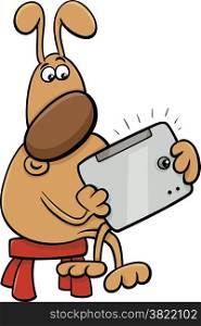Cartoon Illustration of Funny Dog Character with Tablet PC