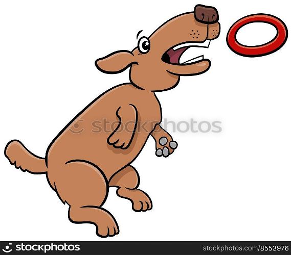 Cartoon illustration of funny dog jumping and catching a ring toss toy