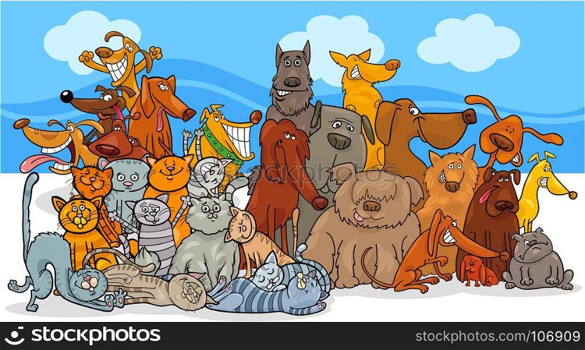 Cartoon Illustration of Funny Dogs and Cats Animal Characters Group