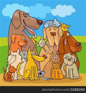 Cartoon illustration of funny dogs and cats animal characters group
