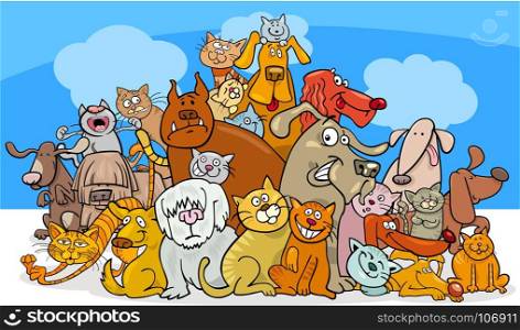 Cartoon Illustration of Funny Dogs and Cats Characters Group