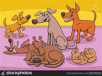 Cartoon illustration of funny dogs and puppies animal characters group at home