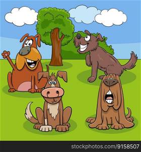 Cartoon illustration of funny dogs and puppies animal characters in a meadow