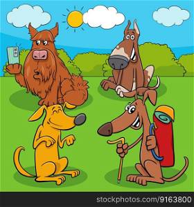 Cartoon illustration of funny dogs and puppies animal characters outdoor