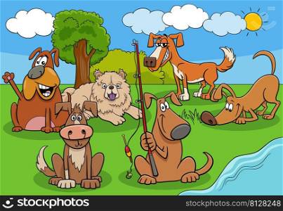 Cartoon illustration of funny dogs and puppies comic animal characters group by the river