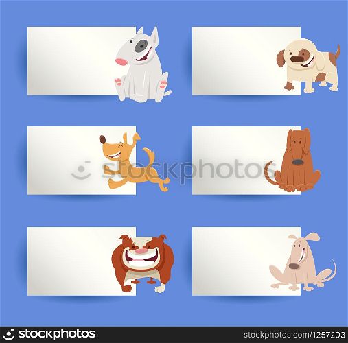 Cartoon Illustration of Funny Dogs and Puppies with White Cards or Boards Greeting or Business Card Design Collection