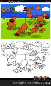Cartoon Illustration of Funny Dogs Animal Characters in the Park Coloring Book Activity