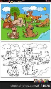 Cartoon illustration of funny dogs animal comic characters group coloring book page