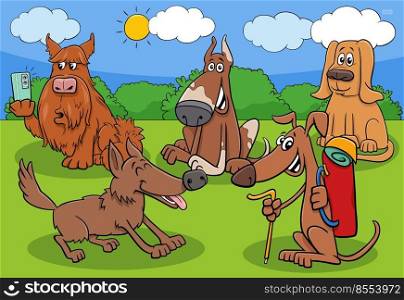 Cartoon illustration of funny dogs comic animal characters group in the meadow