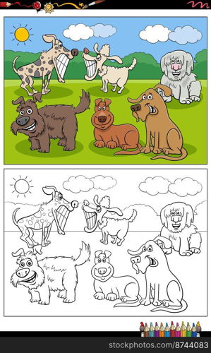 Cartoon illustration of funny dogs comic characters group coloring page