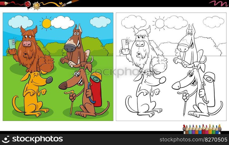 Cartoon illustration of funny dogs comic characters group in the meadow coloring page