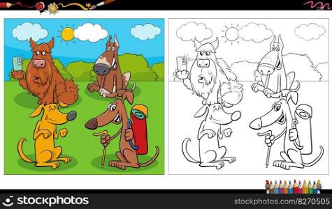 Cartoon illustration of funny dogs comic characters group in the meadow coloring page