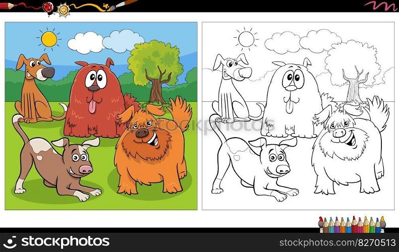 Cartoon illustration of funny dogs comic characters group in the park coloring page