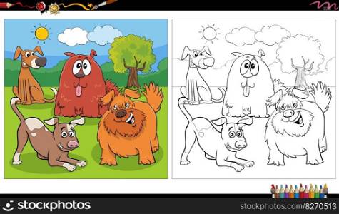 Cartoon illustration of funny dogs comic characters group in the park coloring page