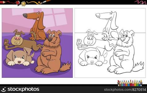 Cartoon illustration of funny dogs comic characters group indoor coloring page