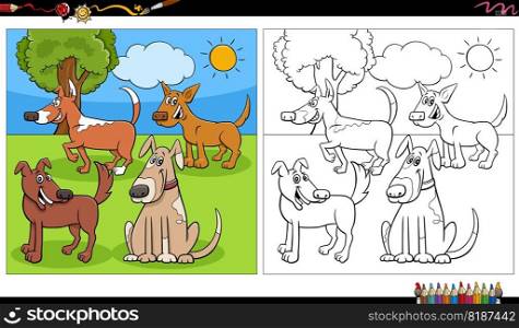 Cartoon illustration of funny dogs comic characters group outdoor coloring page