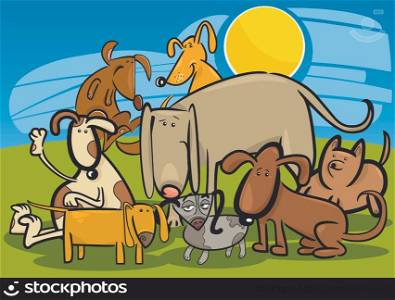 Cartoon Illustration of Funny Dogs or Puppies Group Against Blue Sky