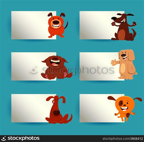 Cartoon Illustration of Funny Dogs or Puppies with White Cards or Boards Greeting or Business Card Design Set