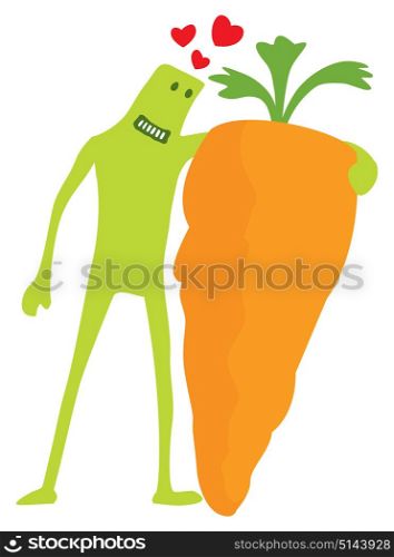 Cartoon illustration of funny doodle character hugging a carrot