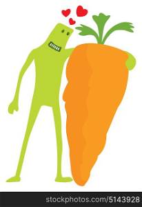 Cartoon illustration of funny doodle character hugging a carrot