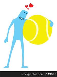 Cartoon illustration of funny doodle character hugging a huge tennis ball