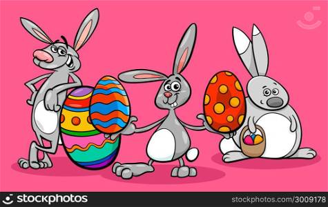 Cartoon Illustration of Funny Easter Bunnies Characters with Colored Eggs