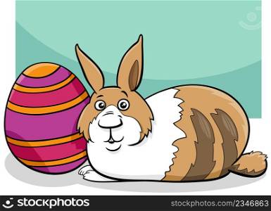 Cartoon illustration of funny Easter Bunny character with colored Easter egg