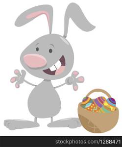 Cartoon Illustration of Funny Easter Bunny with Basket of Colored Eggs