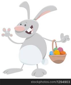 Cartoon Illustration of Funny Easter Bunny with Basket of Colorful Eggs
