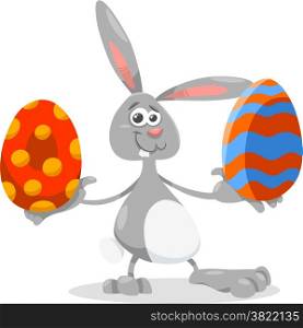 Cartoon Illustration of Funny Easter Bunny with Colored Eggs