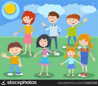 Cartoon Illustration of Funny Elementary or Teen Age Kids Characters Group Outdoor