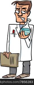 Cartoon Illustration of Funny Evil Scientist with Substance in Vial