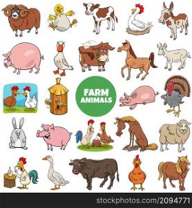 Cartoon illustration of funny farm animal characters big set