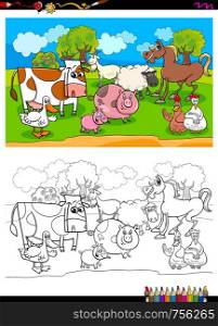 Cartoon Illustration of Funny Farm Animal Characters Coloring Book Activity