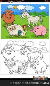 Cartoon illustration of funny farm animals characters group coloring book page