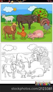 Cartoon illustration of funny farm animals comic characters group coloring book page