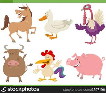 Cartoon illustration of funny farm animals comics characters set