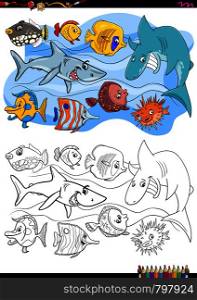 Cartoon Illustration of Funny Fish Animal Characters Coloring Book Activity