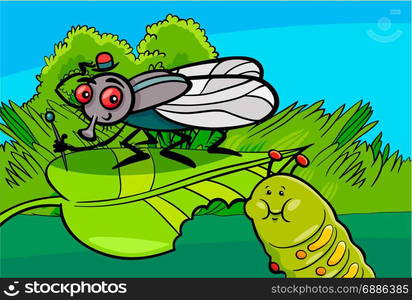 Cartoon Illustration of Funny Fly and Caterpillar Insect Characters