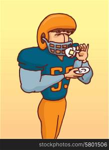 Cartoon illustration of funny football player in uniform delicately drinking tea