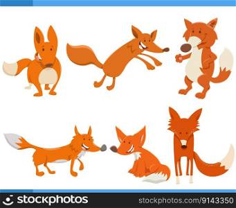Cartoon illustration of funny foxes wild animal characters set